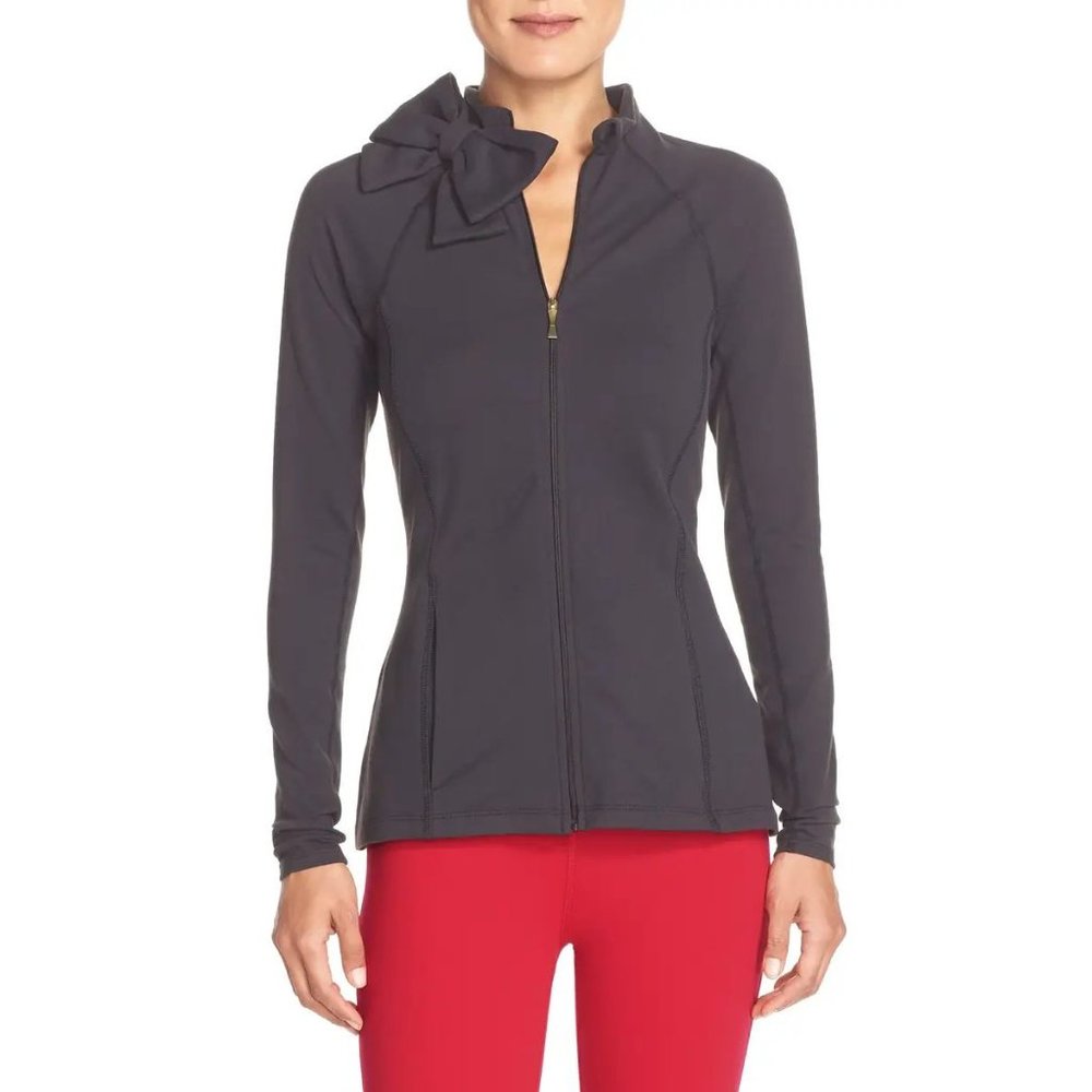 KATE SPADE x BEYOND YOGA Arica Grey Neck Bow Front Zip Jacket sz S Women's NEW - Picture 2 of 16
